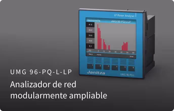 Analizador de potencia Janitza UMG 96-PQ-L-LP con sistema de expansión modular y visualización de análisis armónicos