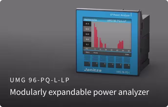 Janitza UMG 96-PQ-L-LP power analyzer with modular expansion system and harmonic analysis display