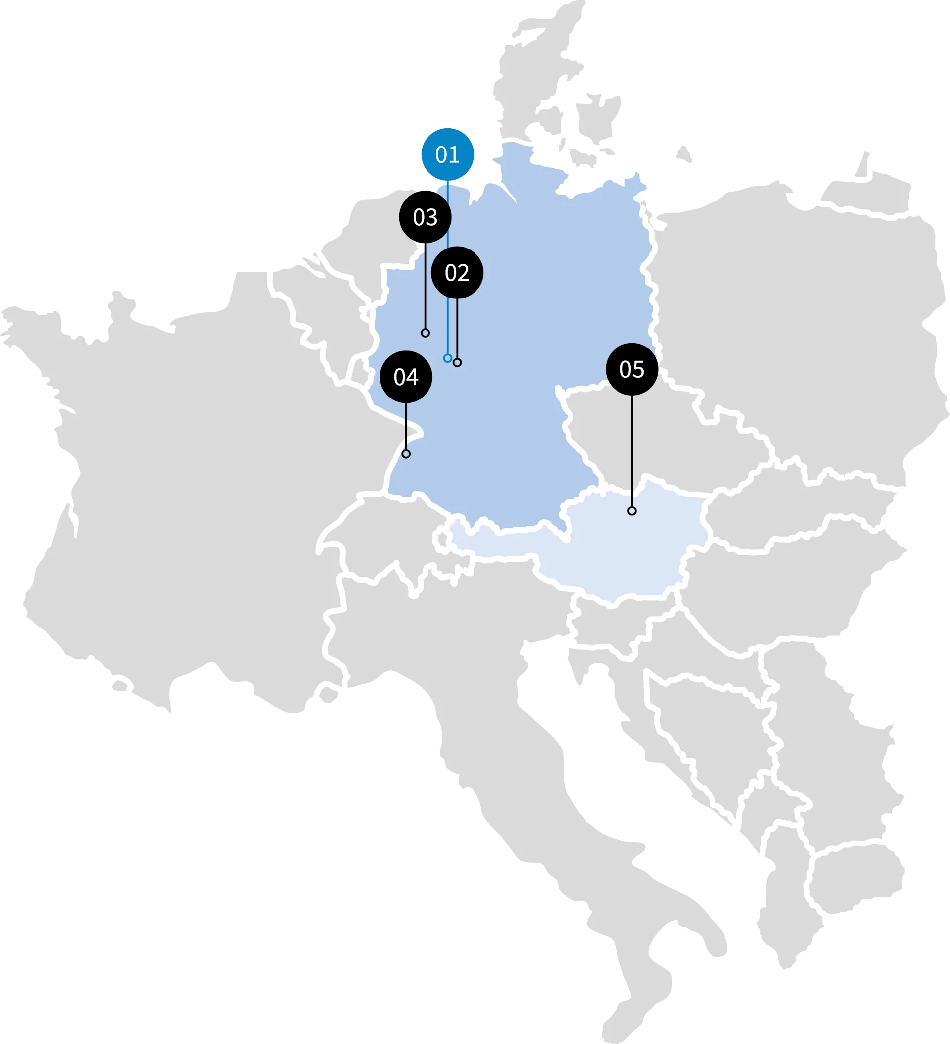 Karte mit Standorten in Deutschland markiert mit den Nummern 01, 02, 03 und 04.