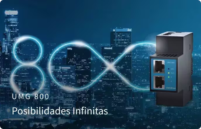 Imagen promocional del UMG 800 de Janitza con el eslogan "Posibilidades infinitas" frente a un horizonte urbano