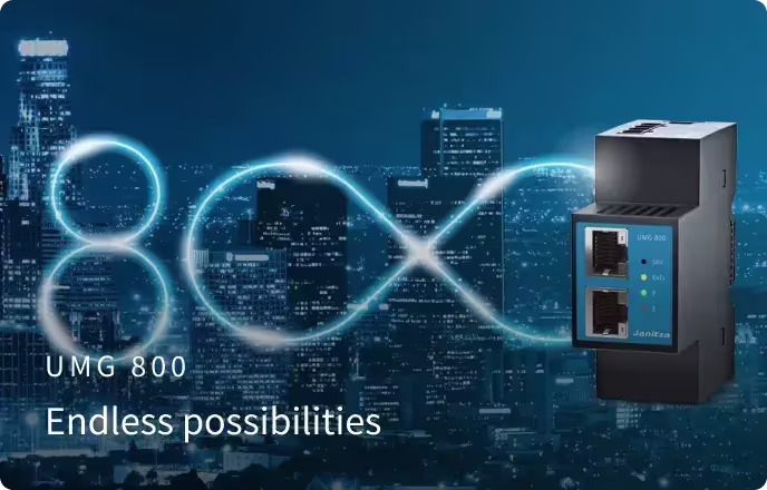 Promotional image for Janitza's UMG 800 featuring the slogan "Endless Possibilities" against a city skyline