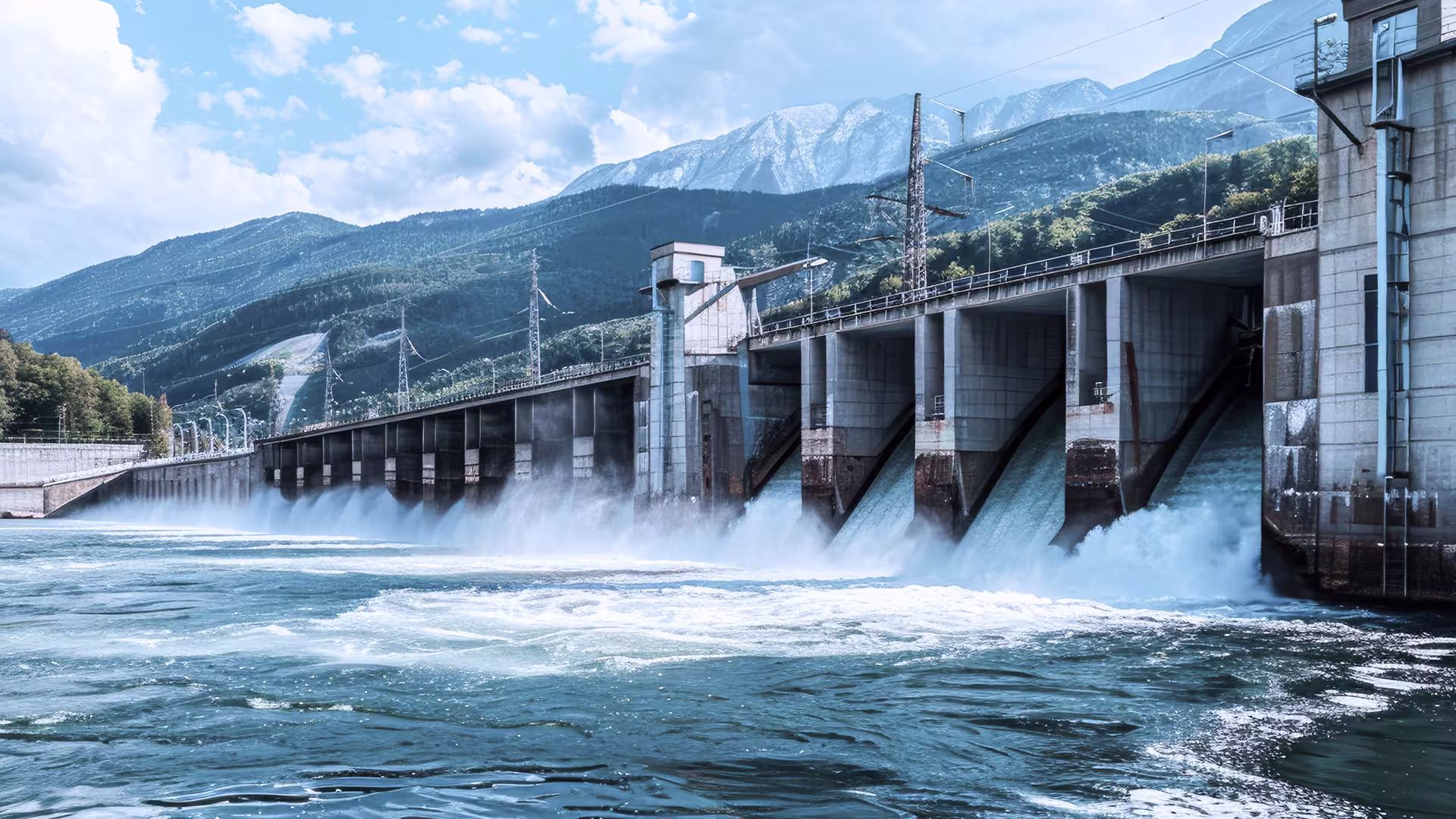 Hydropower plant with flowing water and mountains in the background.