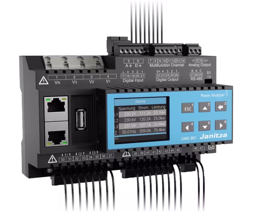 Dispositivo analizador de potencia Janitza UMG 801 con pantalla azul que muestra lecturas de tensión, corriente y potencia, múltiples puertos y conectores visibles.