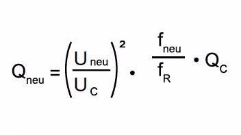 Formel zur Berechnung der neuen Blindleistung unter Berücksichtigung von Spannung und Frequenz