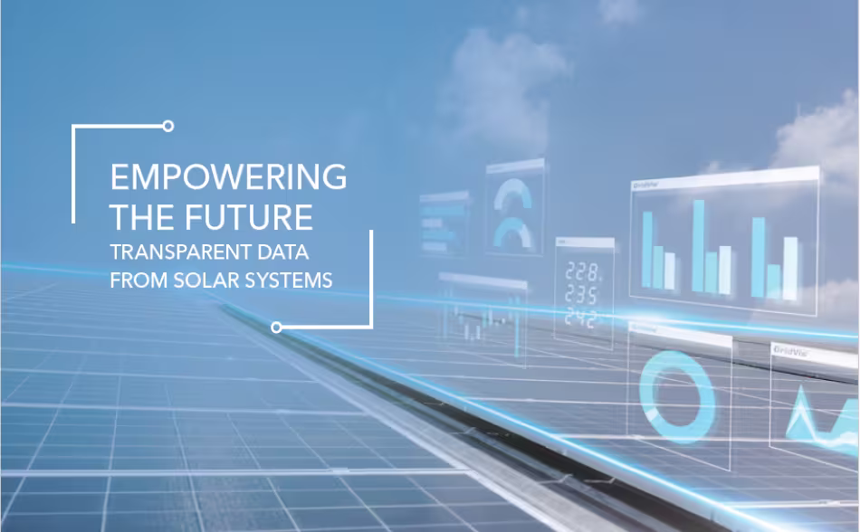 Solar panels with digital data displays and the slogan "Empowering the Future: Transparent Data from Solar Systems"