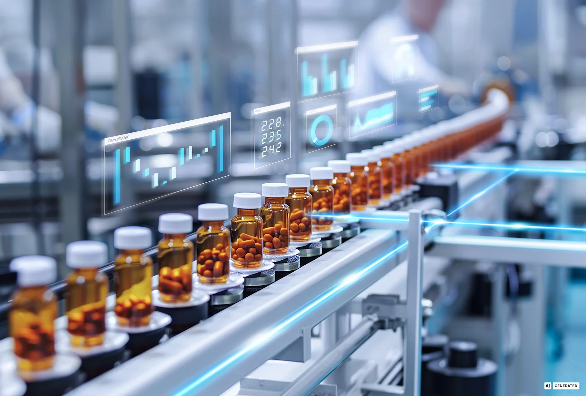 line-orange-pills-machine-with-man-background-ai